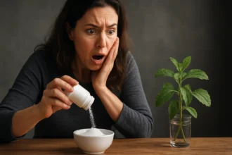 Žena prekvapená pri používaní stévie ako sladidla.