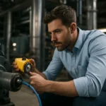 Expert using an ultrasonic sensor in an industrial setting.