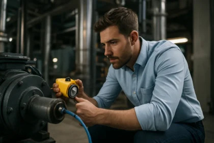 Expert using an ultrasonic sensor in an industrial setting.