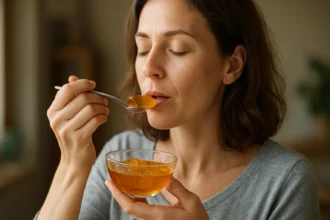 Žena vychutnáva želatínu pre zdravie a krásu