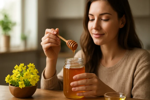 Žena s repkovým medom a lyžičkou v ruke, objavujúca jeho zdravotné výhody.