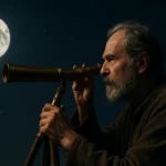 Muž sledujúci mesiac cez Galileov ďalekohľad na nočnej oblohe