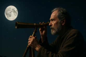 Muž sledujúci mesiac cez Galileov ďalekohľad na nočnej oblohe