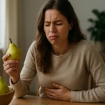 Žena s hruškou v ruke a bolesťou brucha