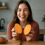 Mladá žena s batátom v kuchyni, úsmev na tvári.