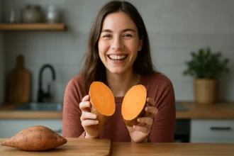 Mladá žena s batátom v kuchyni, úsmev na tvári.