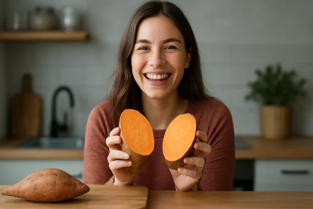 Mladá žena s batátom v kuchyni, úsmev na tvári.