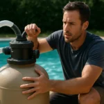 Muž nastavuje pieskový filter pre bazén s krištáľovo čistou vodou.
