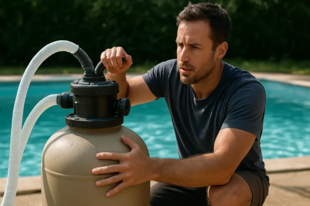 Muž nastavuje pieskový filter pre bazén s krištáľovo čistou vodou.