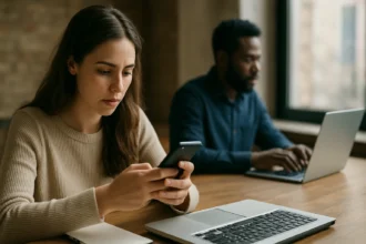 Mladá žena používa smartphone, muž pracuje na laptopu.