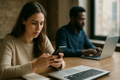 Mladá žena používa smartphone, muž pracuje na laptopu.
