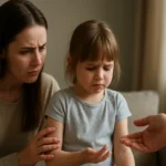 Matka s obavami a rozrušené dieťa pri konzultácii s terapeutom.