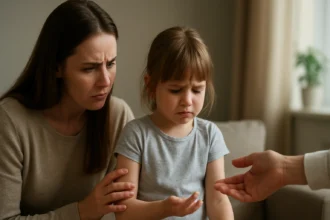 Matka s obavami a rozrušené dieťa pri konzultácii s terapeutom.