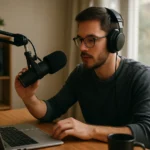 Muž s mikrofónom a slúchadlami, tvoriaci internetové rádio.