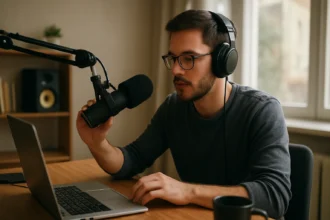 Muž s mikrofónom a slúchadlami, tvoriaci internetové rádio.