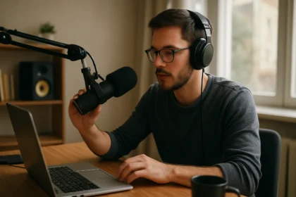 Muž s mikrofónom a slúchadlami, tvoriaci internetové rádio.