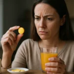 Žena uvažuje užívanie vitamínu C, znepokojená jeho účinkami.