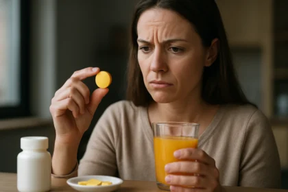 Žena uvažuje užívanie vitamínu C, znepokojená jeho účinkami.