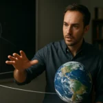 Muž s modelom Zeme a slnka demonštruje gravitáciu a vesmírne pohyby.