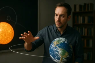 Muž s modelom Zeme a slnka demonštruje gravitáciu a vesmírne pohyby.