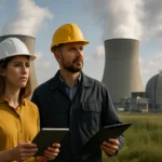 Odborníci na jadrovú energiu pred atómovou elektrárňou, analyzujúci jej výhody.