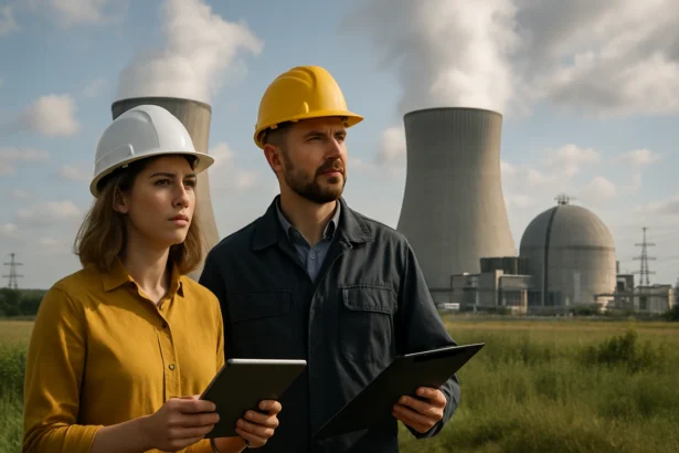 Odborníci na jadrovú energiu pred atómovou elektrárňou, analyzujúci jej výhody.