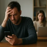 Muž znepokojený nad smartfónom v digitálnom prostredí.