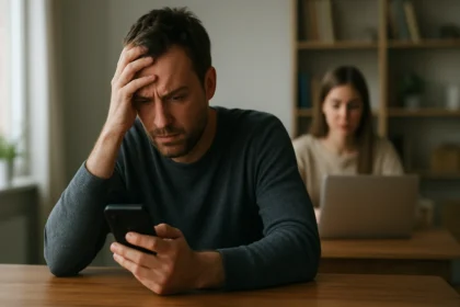 Muž znepokojený nad smartfónom v digitálnom prostredí.