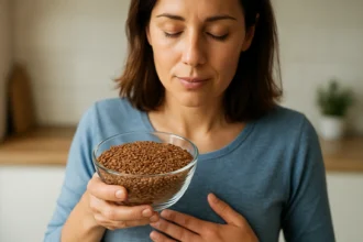 Žena drží misku s ľanovými semienkami pre zdravé trávenie
