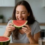 Žena sa usmieva a je vodný melón, zdroj hydratácie a vitamínov.