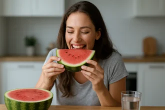 Žena sa usmieva a je vodný melón, zdroj hydratácie a vitamínov.