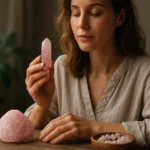 Žena drži ruženín a meditujúci výraz, symbolizuje lásku a harmóniu.