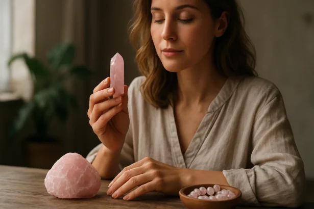 Žena drži ruženín a meditujúci výraz, symbolizuje lásku a harmóniu.