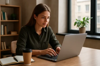 Študentka pracujúca na notebooku s poznámkovým blokom a kávou.