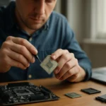 Muž v modrej košeli pracuje s procesorom na stole