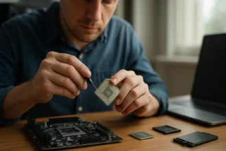 Muž v modrej košeli pracuje s procesorom na stole