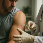 Muž dostáva steroidnú injekciu od lekára