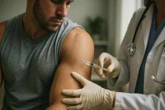 Muž dostáva steroidnú injekciu od lekára