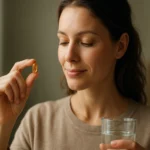 Žena s vitamínom A a pohárom vody, symbolizujúca zdravie.