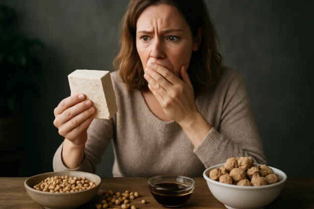 Žena zhrozená nad tofu a sójovými produktmi na stole
