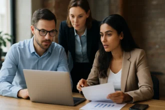 Tím pracovníkov diskutuje o decentralizovanom nákupe pri počítači.