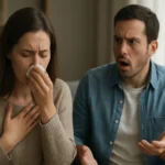 Žena s chrípkou a prekvapený muž v obývačke