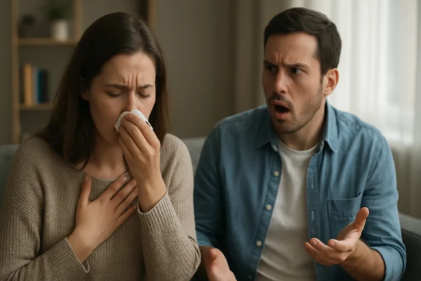 Žena s chrípkou a prekvapený muž v obývačke
