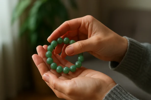 Aventurínový náramok držený v ruke, symbol harmónie a zdravia.