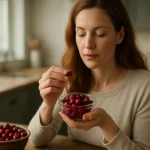 Žena vychutnáva brusnice na kuchynskom stole.