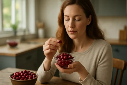 Žena vychutnáva brusnice na kuchynskom stole.