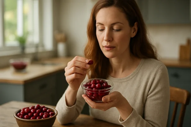 Žena vychutnáva brusnice na kuchynskom stole.