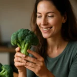 Žena drží čerstvú brokolicu s úsmevom na tvári.