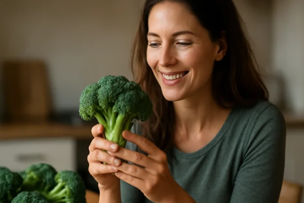 Žena drží čerstvú brokolicu s úsmevom na tvári.