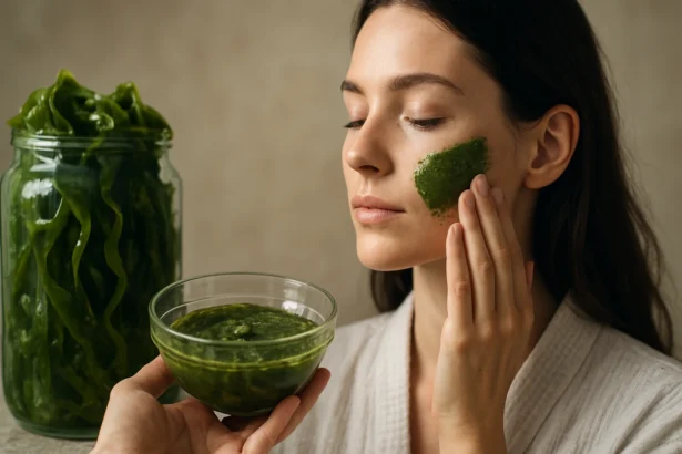 Žena nanášajúca prírodný riasový zábal na pleť.